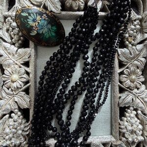 Vintage MultiStrand Black Necklace Vintage Black Hand Painted Russian Brooch